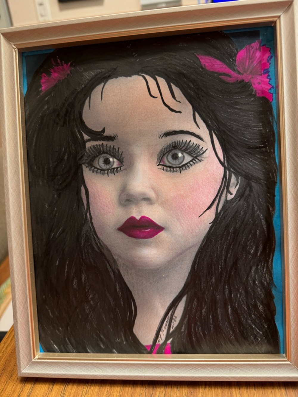 Framed Portrait Art with Black Hair & Magenta Accents